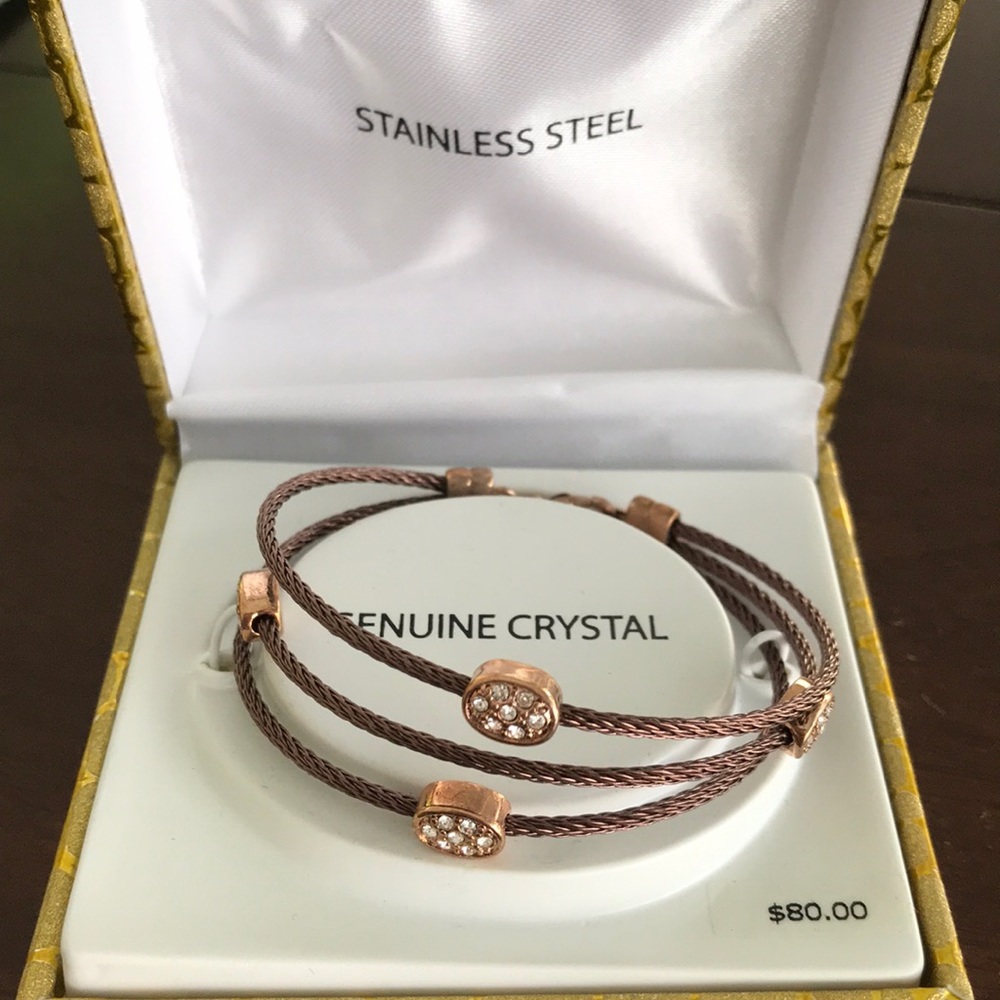 Braided Wire Bracelet Copper Color Three Wires Crystal Accents NEW
